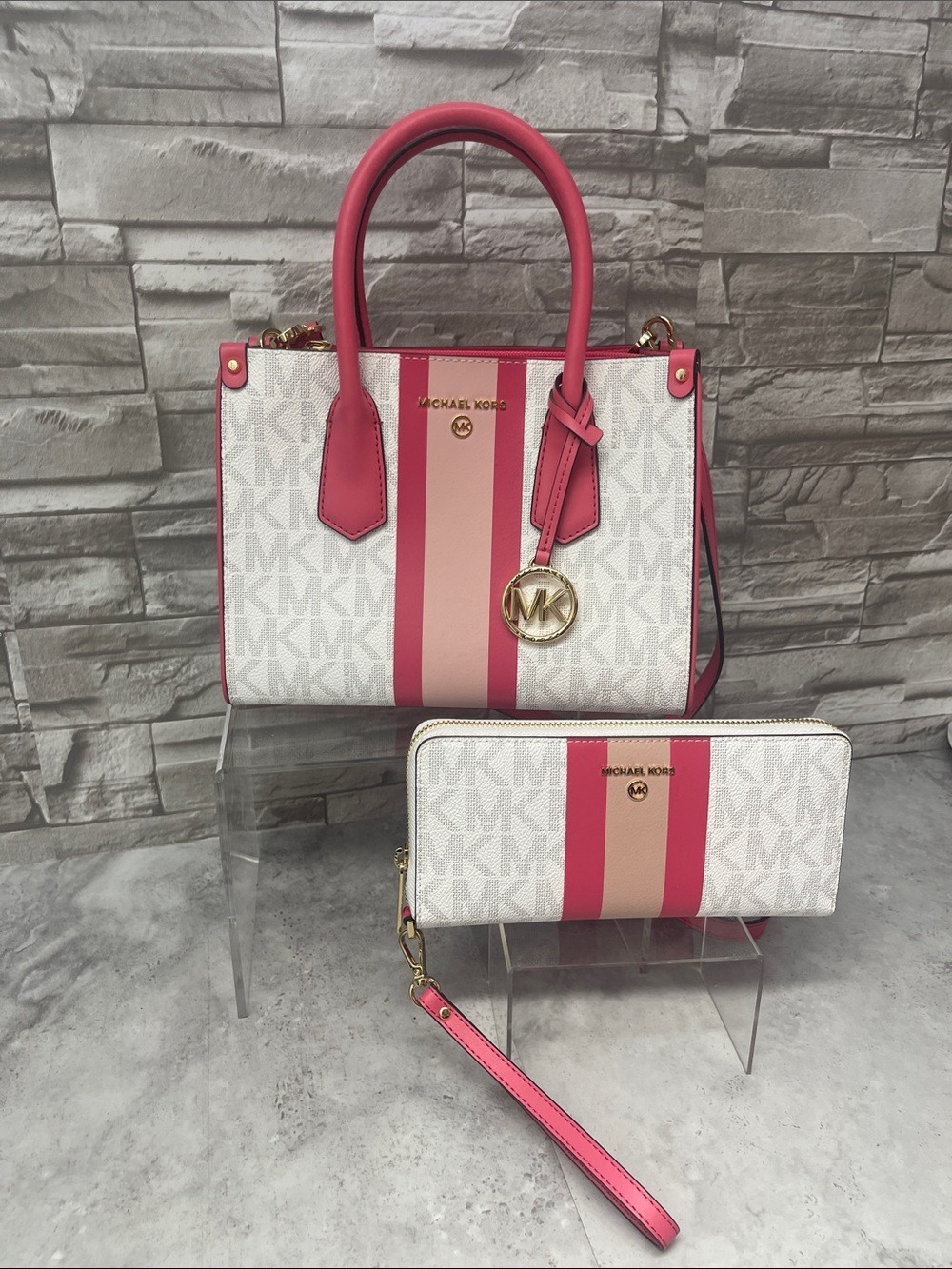 Michael Kors Maple Small Center Stripe Satchel & Matching Wallet Hibiscus Pink